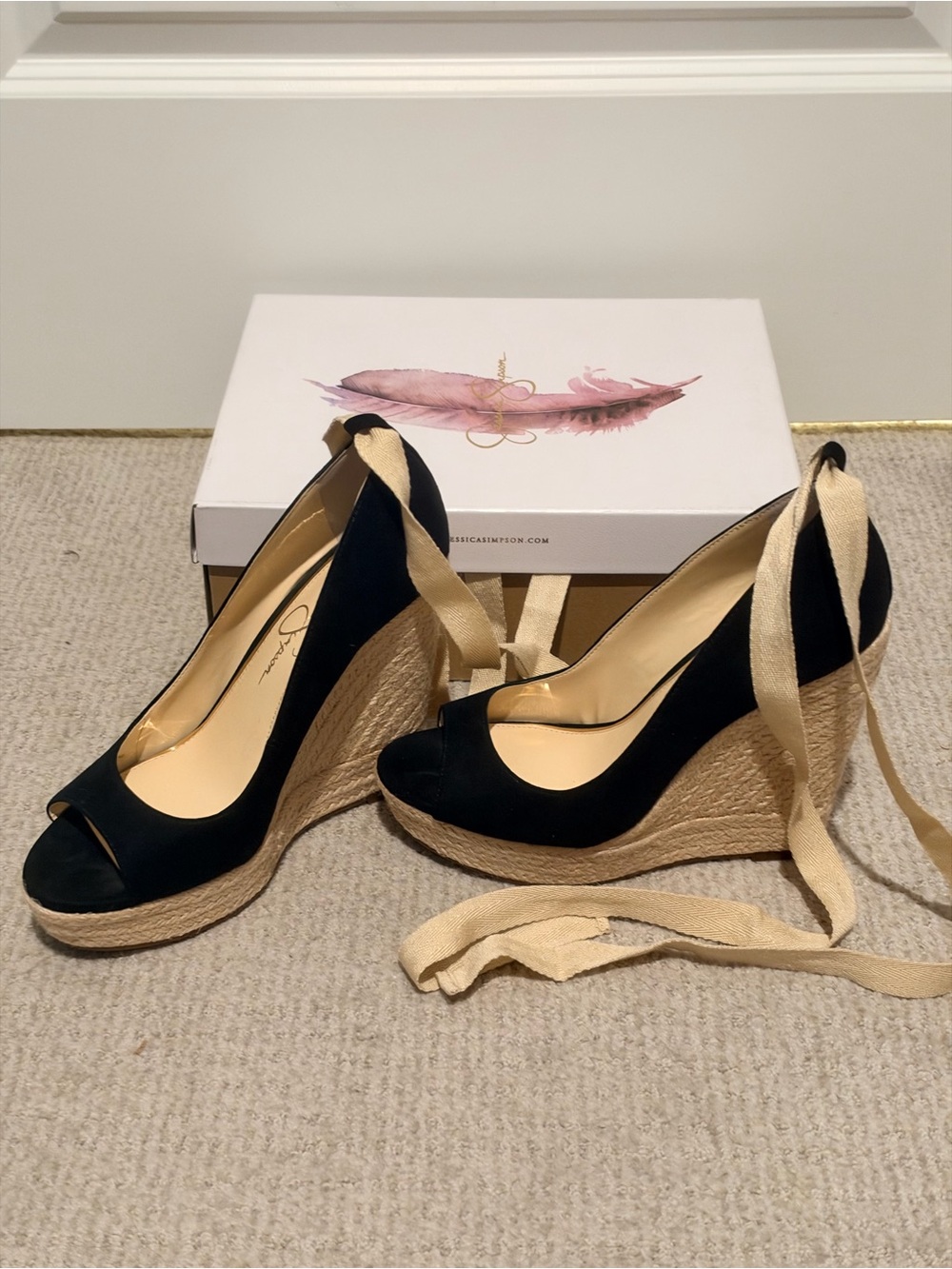 Jessica Simpson Black Peep-Toe Espadrille Wedges with Cream Ankle Ties